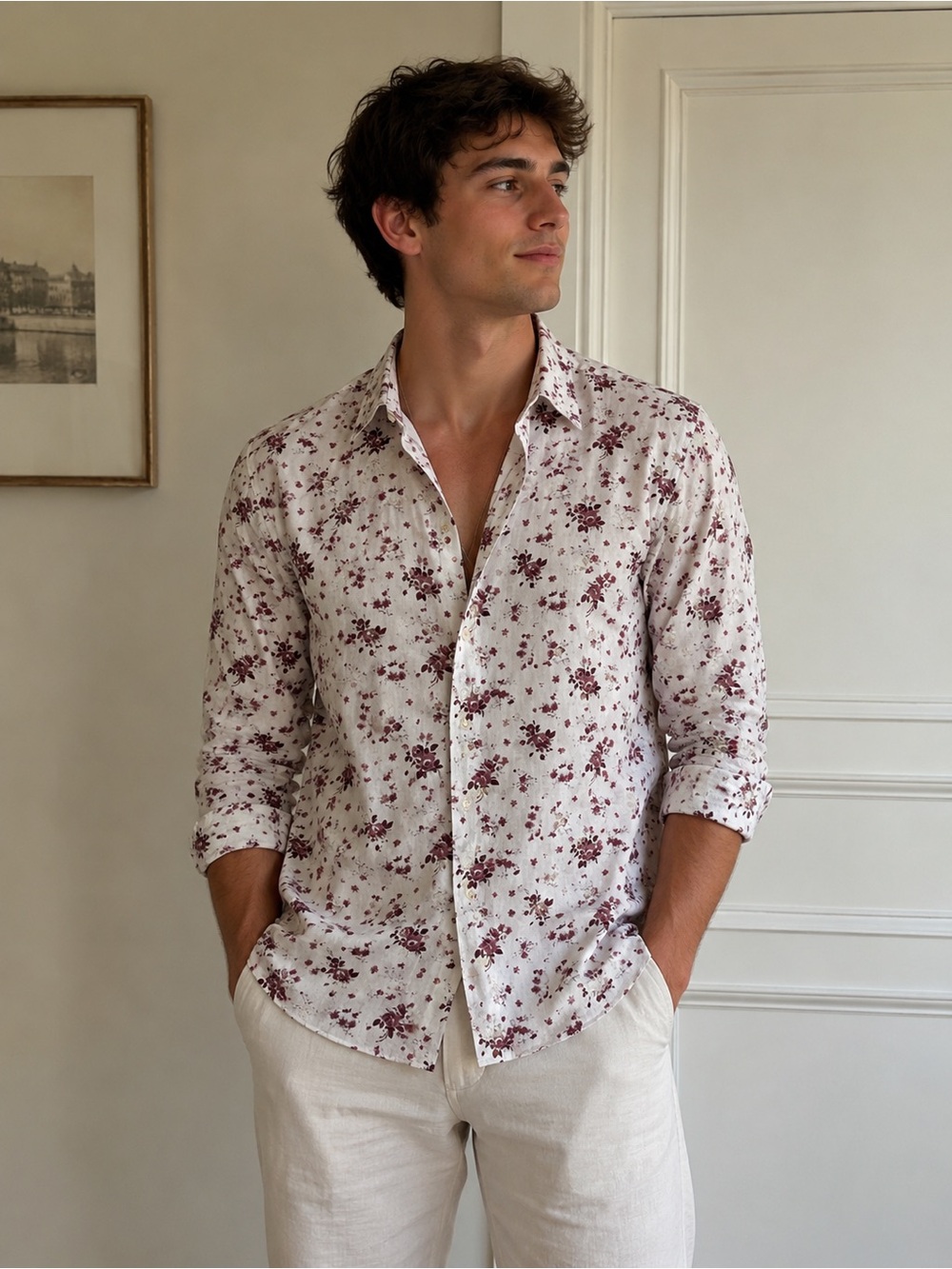 John Varvatos White Shirt with Burgundy Floral Print